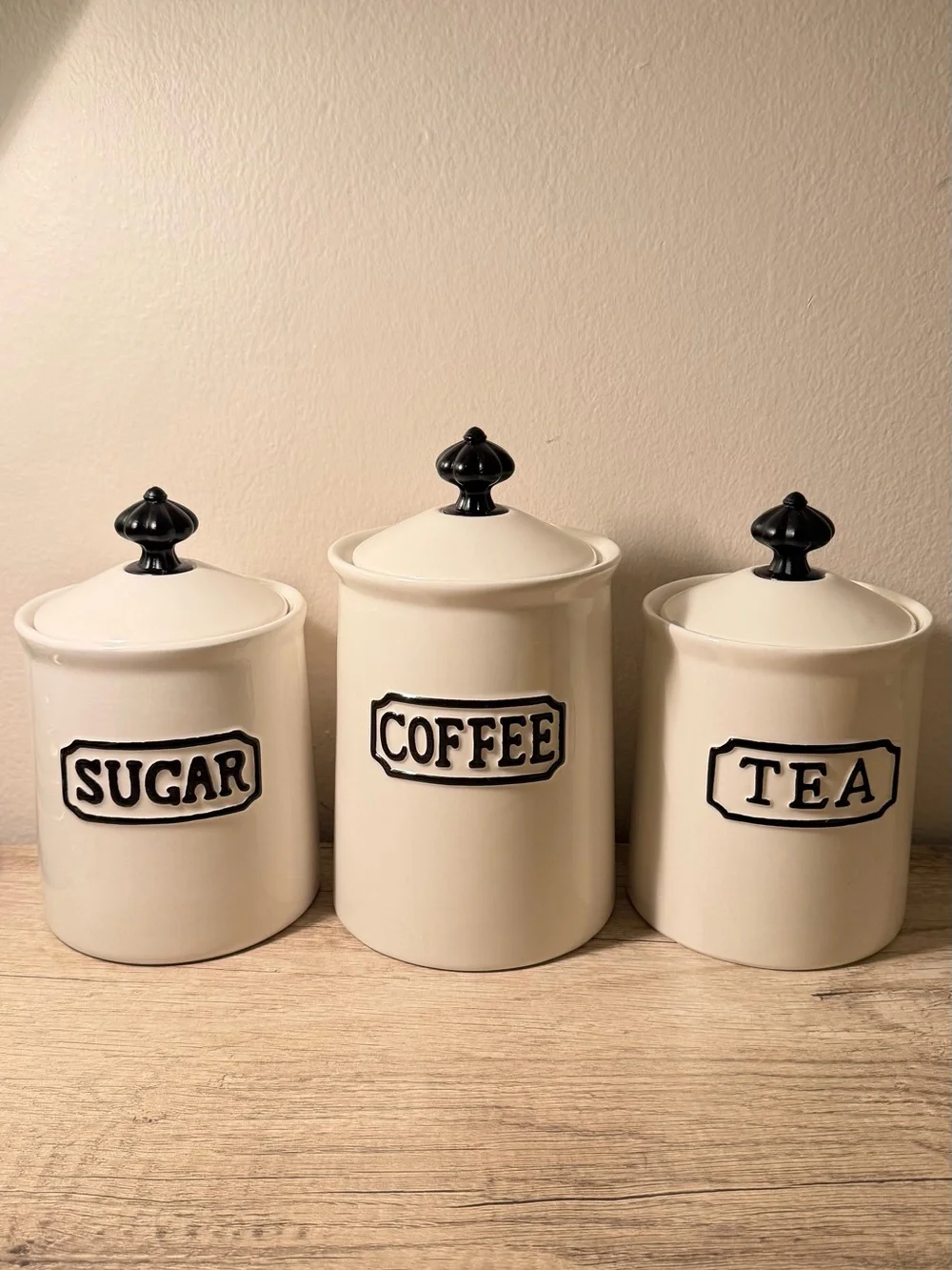 Ceramic Canister Set - sugar, coffee, tea. Cream with Black Accents